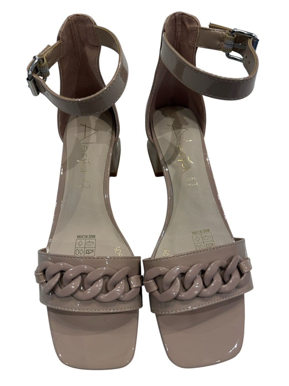 Blush Patent Chain-Trim Ankle Strap Sandals